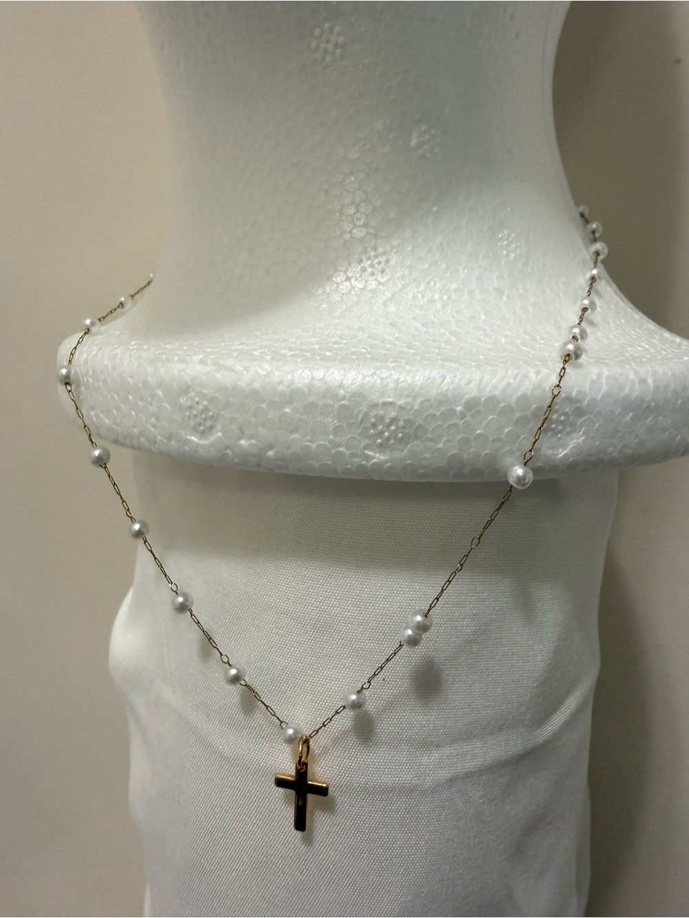 Faux Pearl Bead Gold-Tone Cross Necklace – Women’s Jewelry